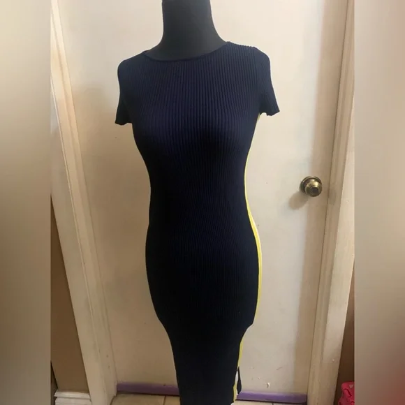 Zara | Dresses | Zara Navy Blue Ribbed Stripe Midi Dress Sz Small | Poshmark